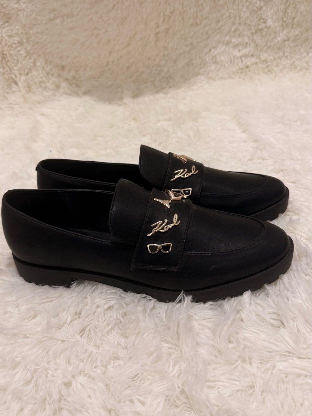 Karl Lagerfeld Black Loafers with Gold Signature Accents